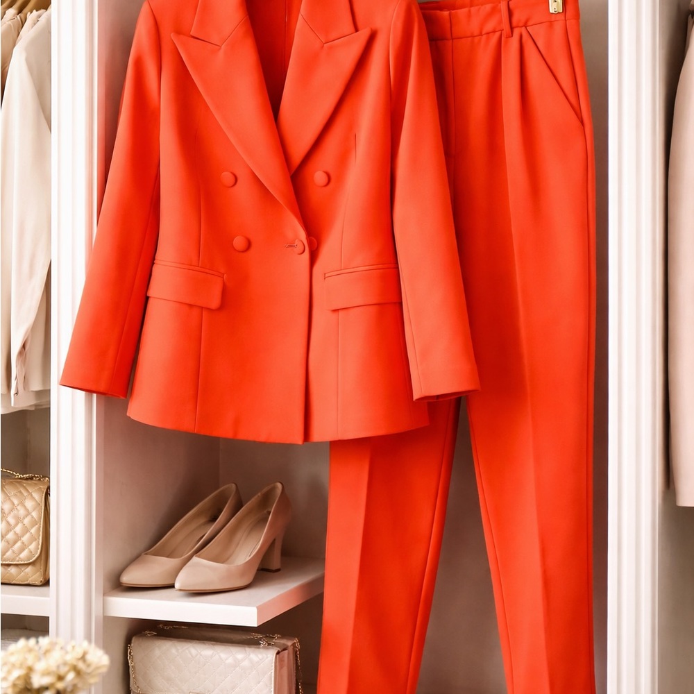 Express Double-Breasted Tailored Pantsuit in Bright Orange